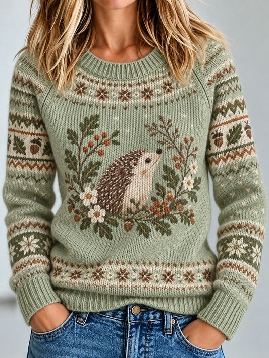 Damen-Häkel-Pullover mit Igel-Print, lässig