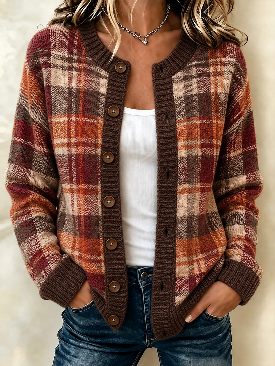 Damen-Strickjacke im Vintage-Stil mit Karomuster und Patchwork-Optik