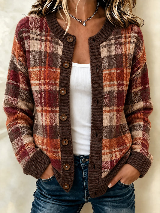 Damen-Strickjacke im Vintage-Stil mit Karomuster und Patchwork-Optik