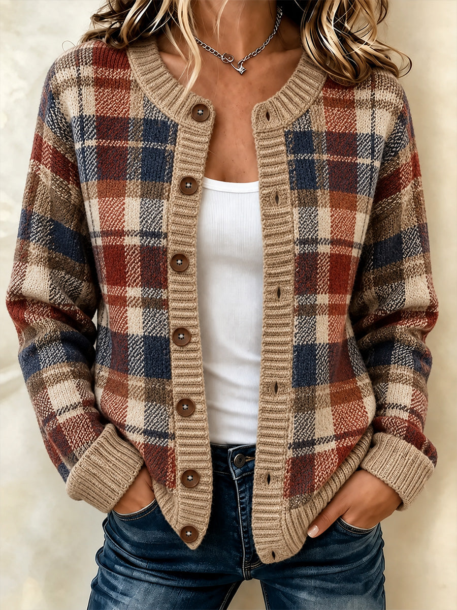 Damen-Strickjacke im Vintage-Stil mit Karomuster und Patchwork-Optik