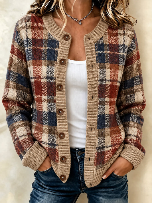 Damen-Strickjacke im Vintage-Stil mit Karomuster und Patchwork-Optik