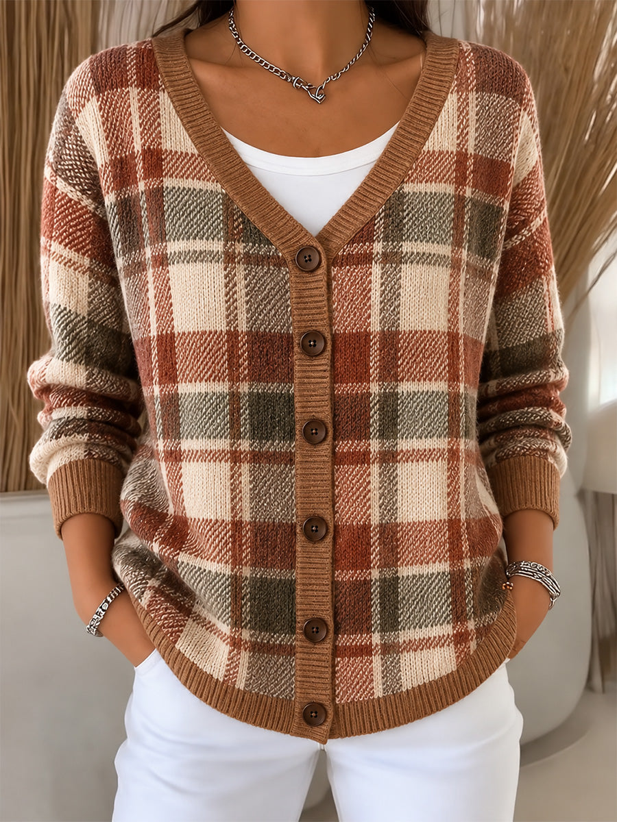 Damen-Strickjacke im Vintage-Stil mit Karomuster und Patchwork-Optik