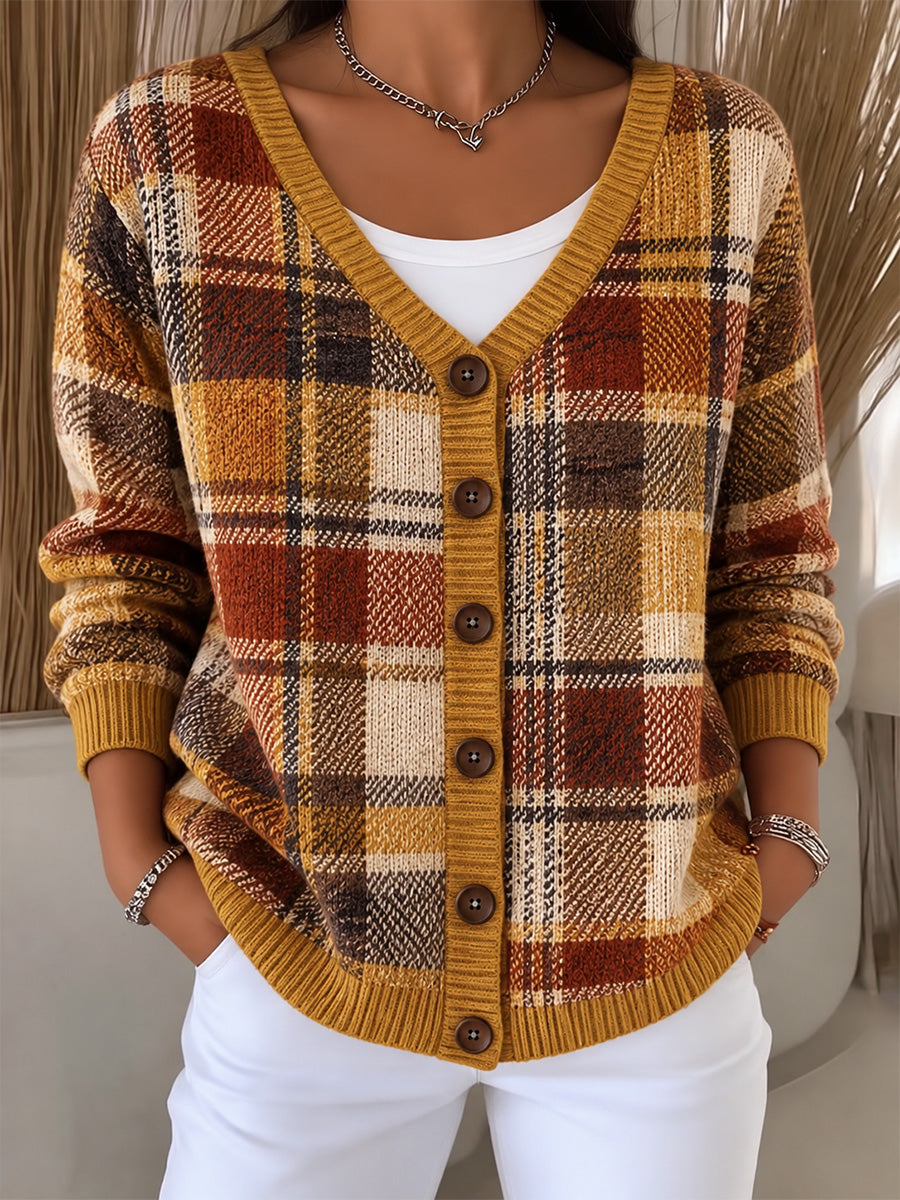 Damen-Strickjacke im Vintage-Stil mit Karomuster und Patchwork-Optik