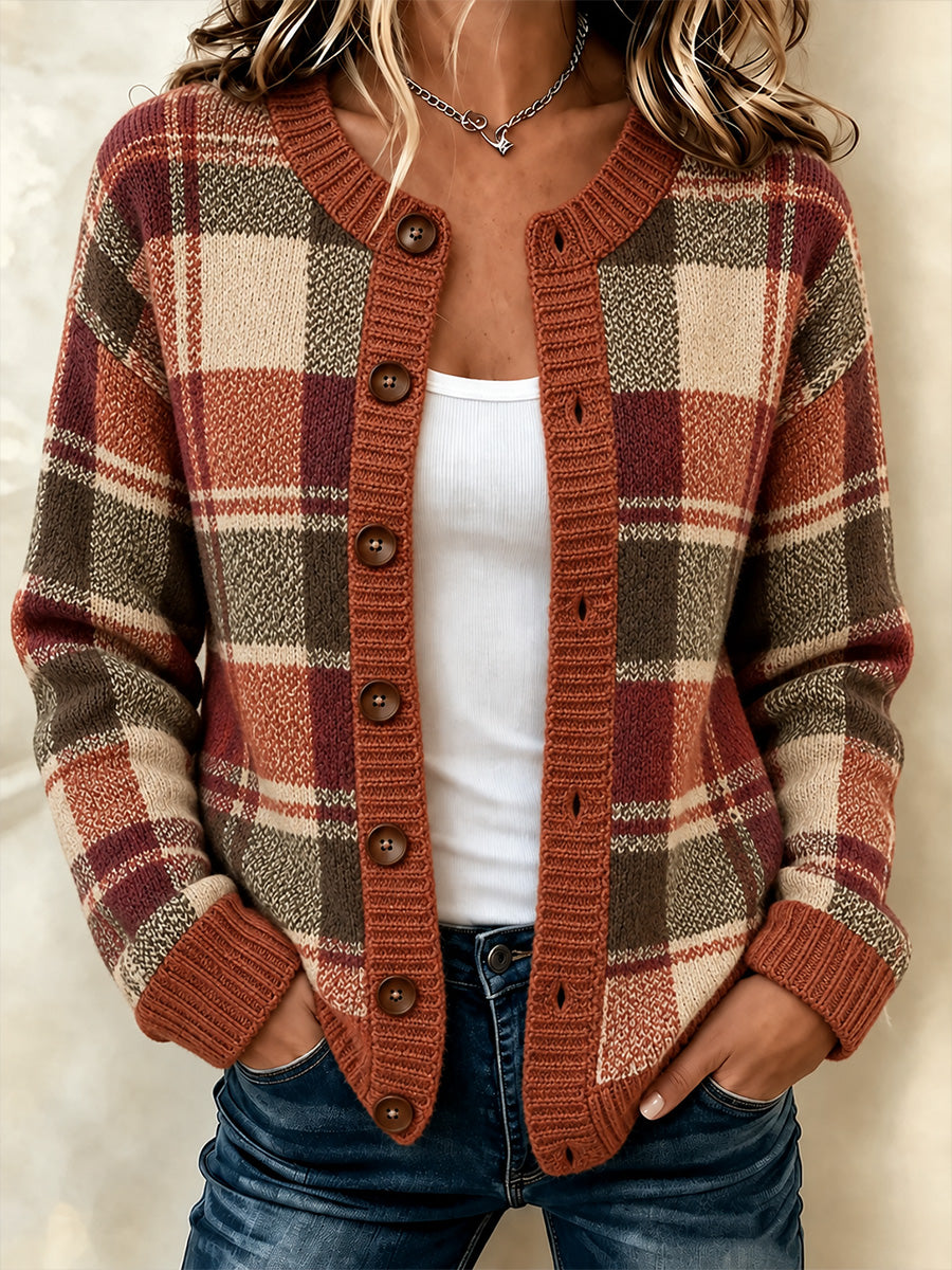Damen-Strickjacke im Vintage-Stil mit Karomuster und Patchwork-Optik
