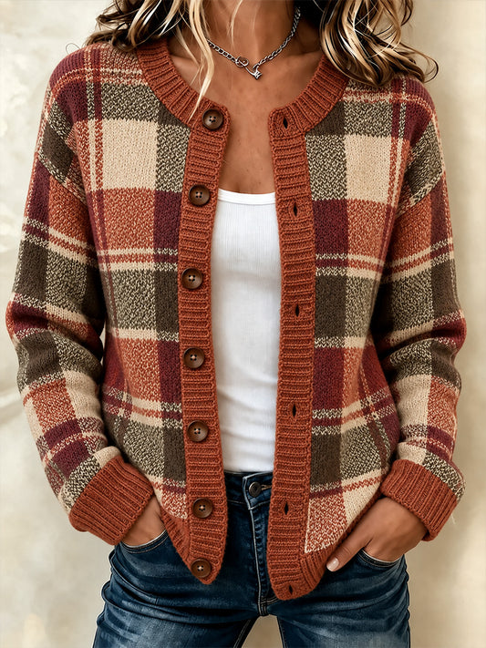 Damen-Strickjacke im Vintage-Stil mit Karomuster und Patchwork-Optik