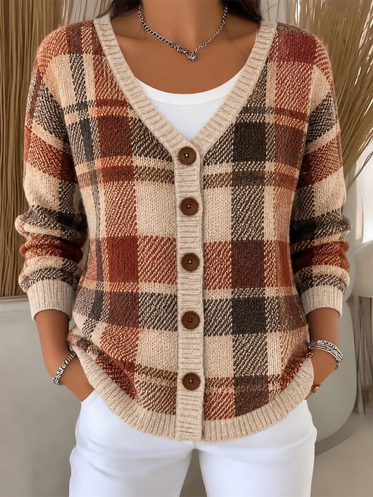 Damen-Strickjacke im Vintage-Stil mit Karomuster und Patchwork-Optik