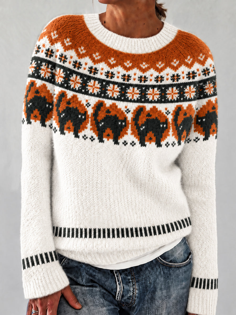 Frauen Fair Isle Spooky Black Cat Langarm Pullover mit Rundhals ausschnitt