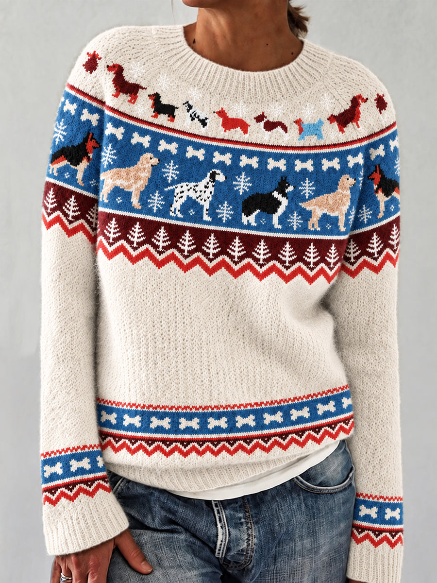 Damen Fair Isle Hunde zucht Langarm Pullover mit Rundhals ausschnitt
