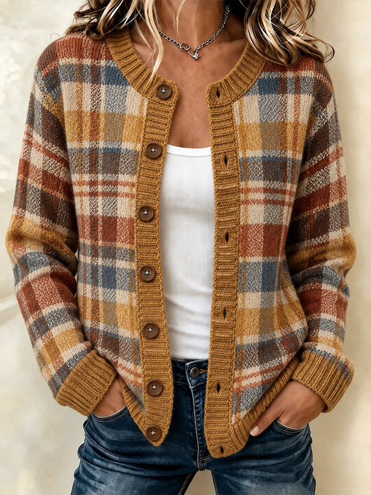 Damen-Strickjacke im Vintage-Stil mit Karomuster und Patchwork-Optik