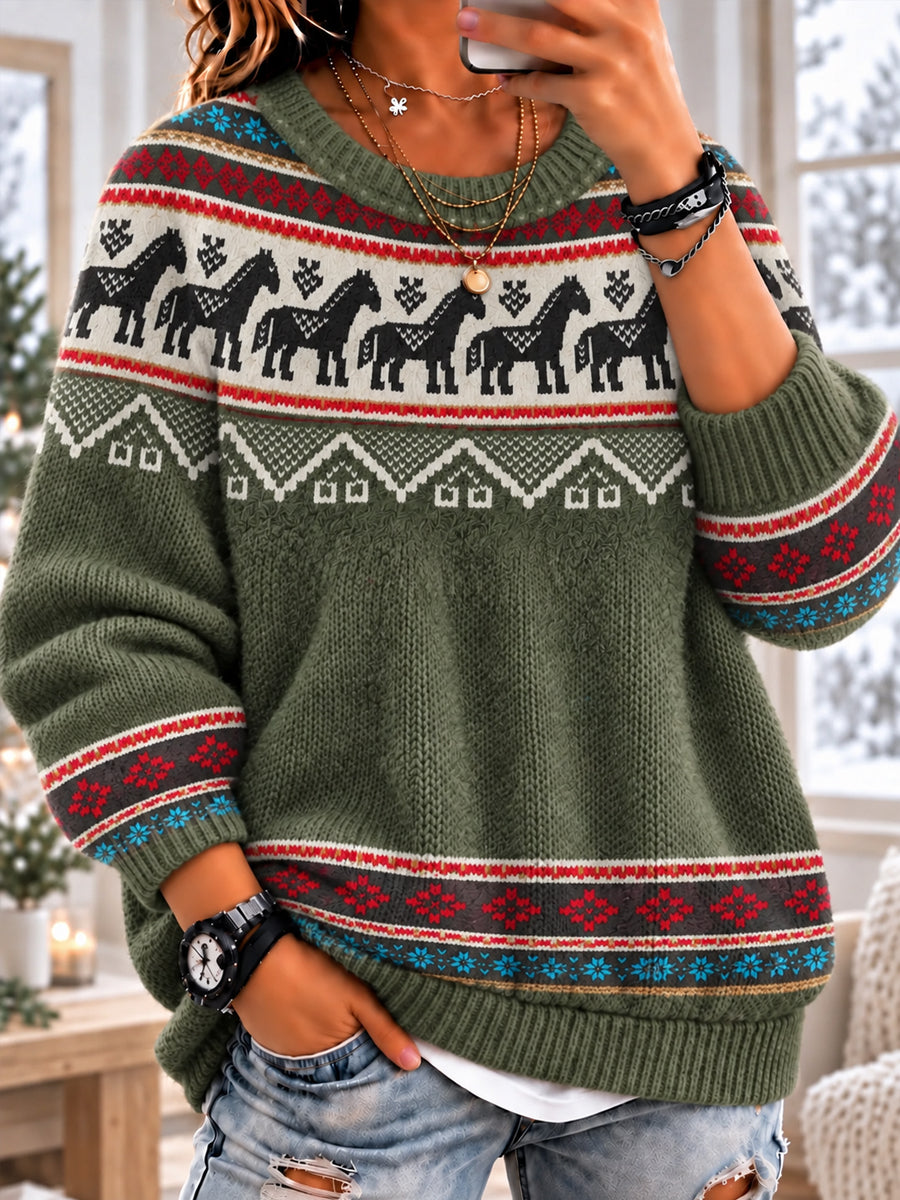 Langärmliges Pullover mit Crewneck für Frauen nordische Land pferde