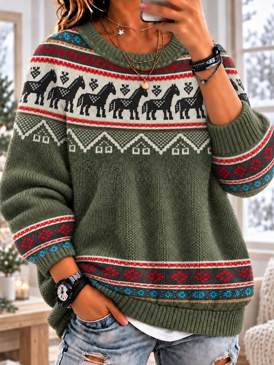 Langärmliges Pullover mit Crewneck für Frauen nordische Land pferde