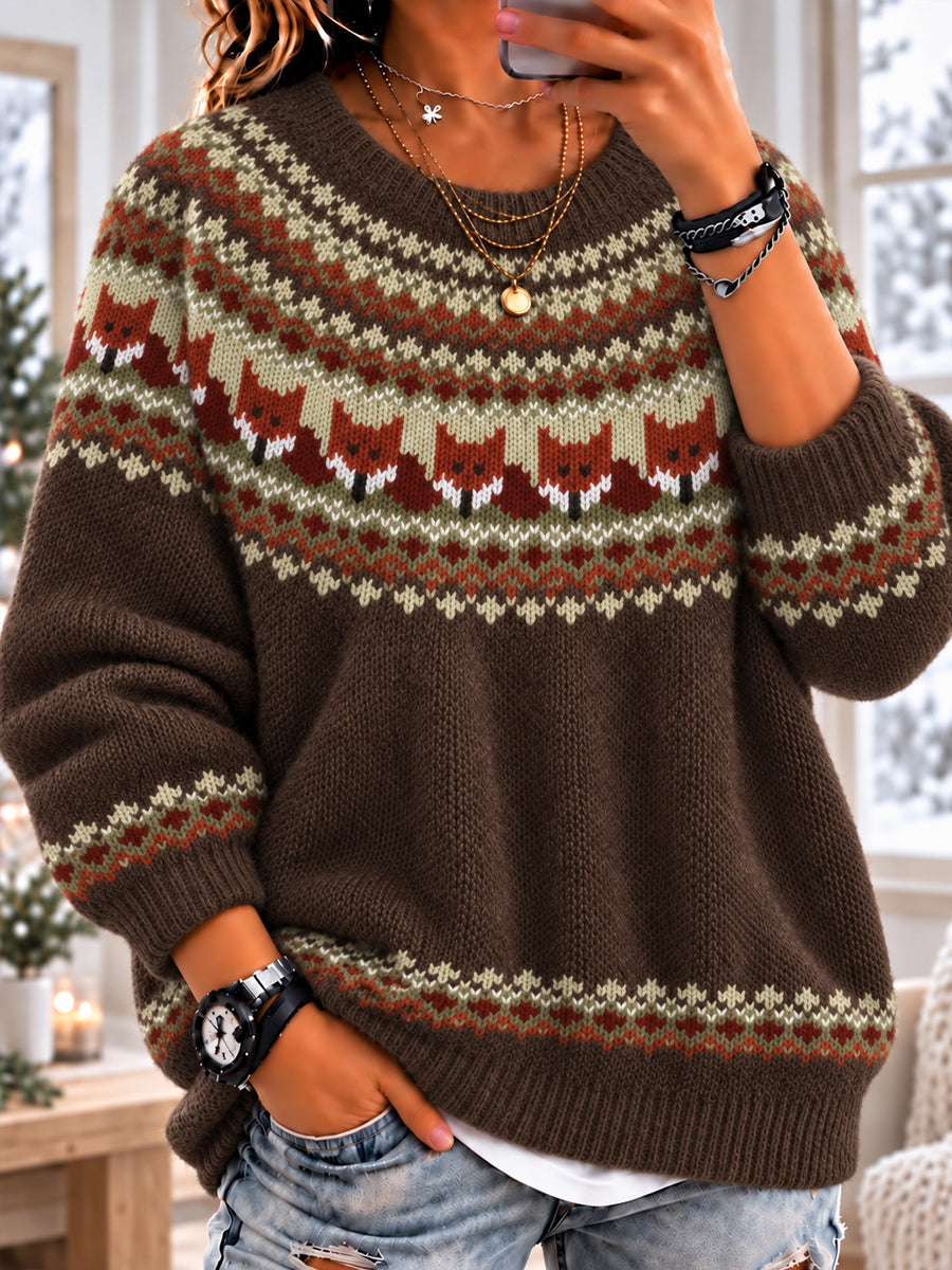 Frauen rustikale Messe Isle Fox Langarm Pullover mit Rundhals ausschnitt