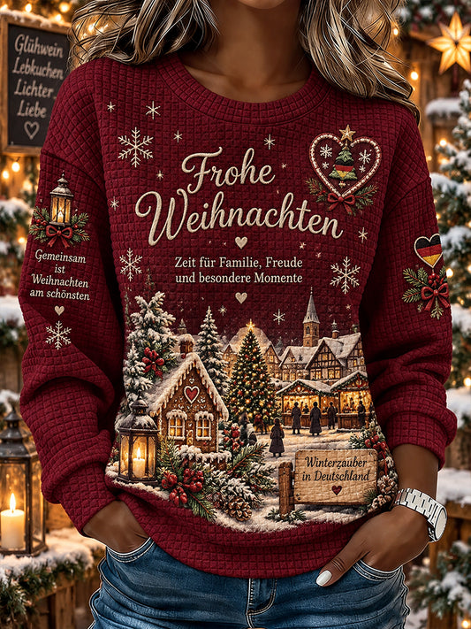 Damen-Weihnachtsprint-Top aus Waffelstrick mit langen Ärmeln