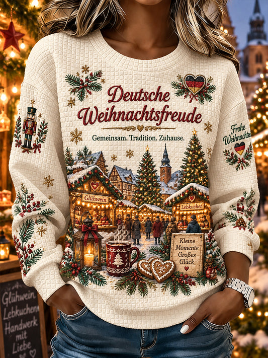 Damen-Weihnachtsprint-Top aus Waffelstrick mit langen Ärmeln