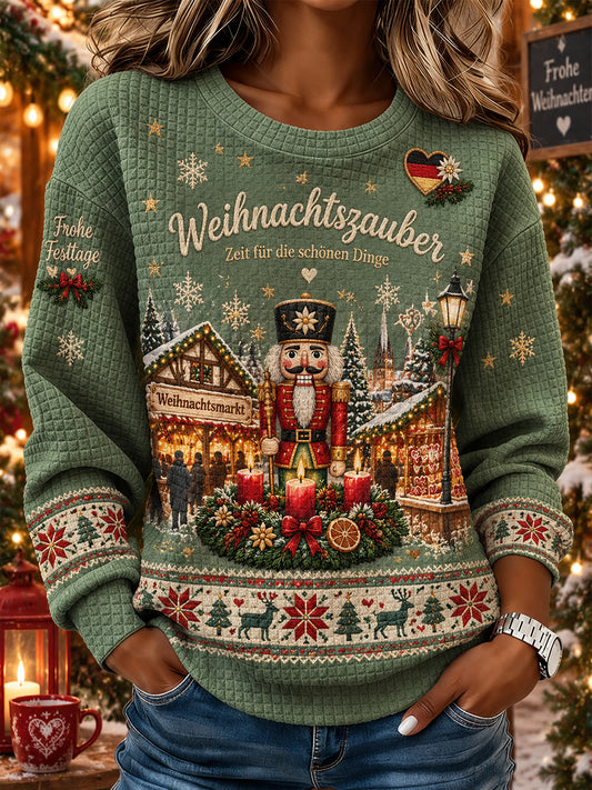 Damen-Weihnachtsprint-Top aus Waffelstrick mit langen Ärmeln