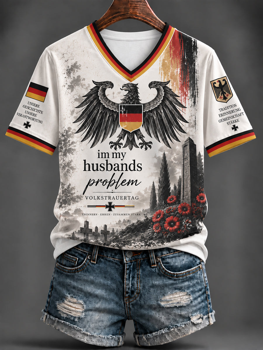 Damen-T-Shirt mit V-Ausschnitt und Aufdruck zum Volkstrauertag