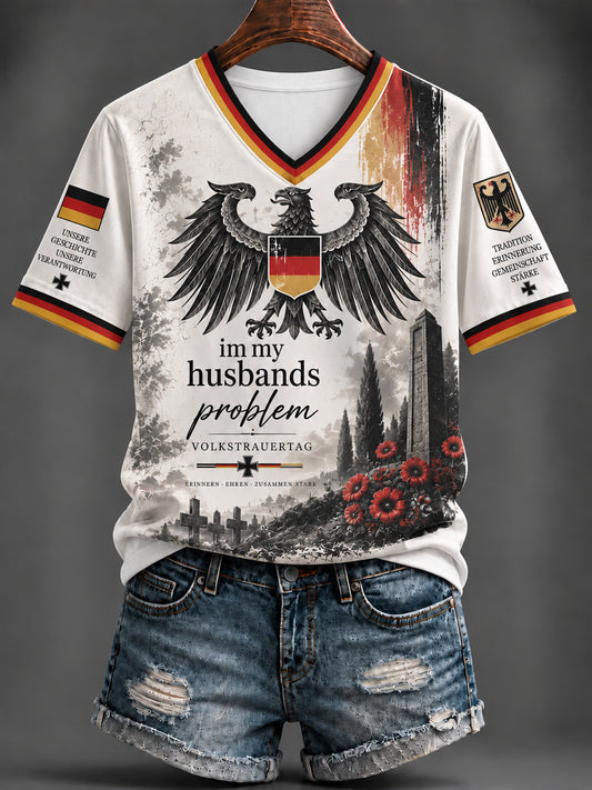 Damen-T-Shirt mit V-Ausschnitt und Aufdruck zum Volkstrauertag