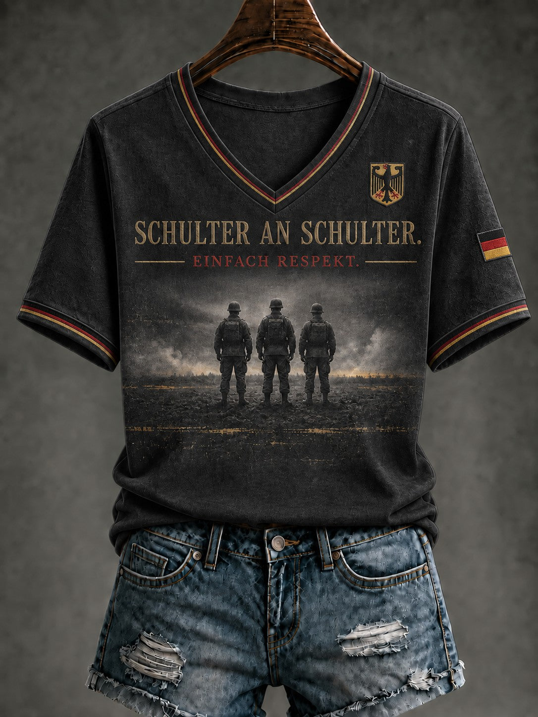 Damen-T-Shirt mit V-Ausschnitt und Aufdruck zum deutschen Volkstrauertag