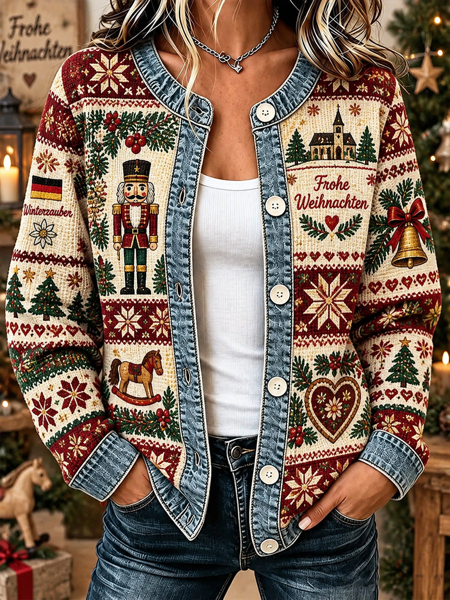 Damenjacke mit weihnachtlichem Print, waffelstrukturiert und langärmlig