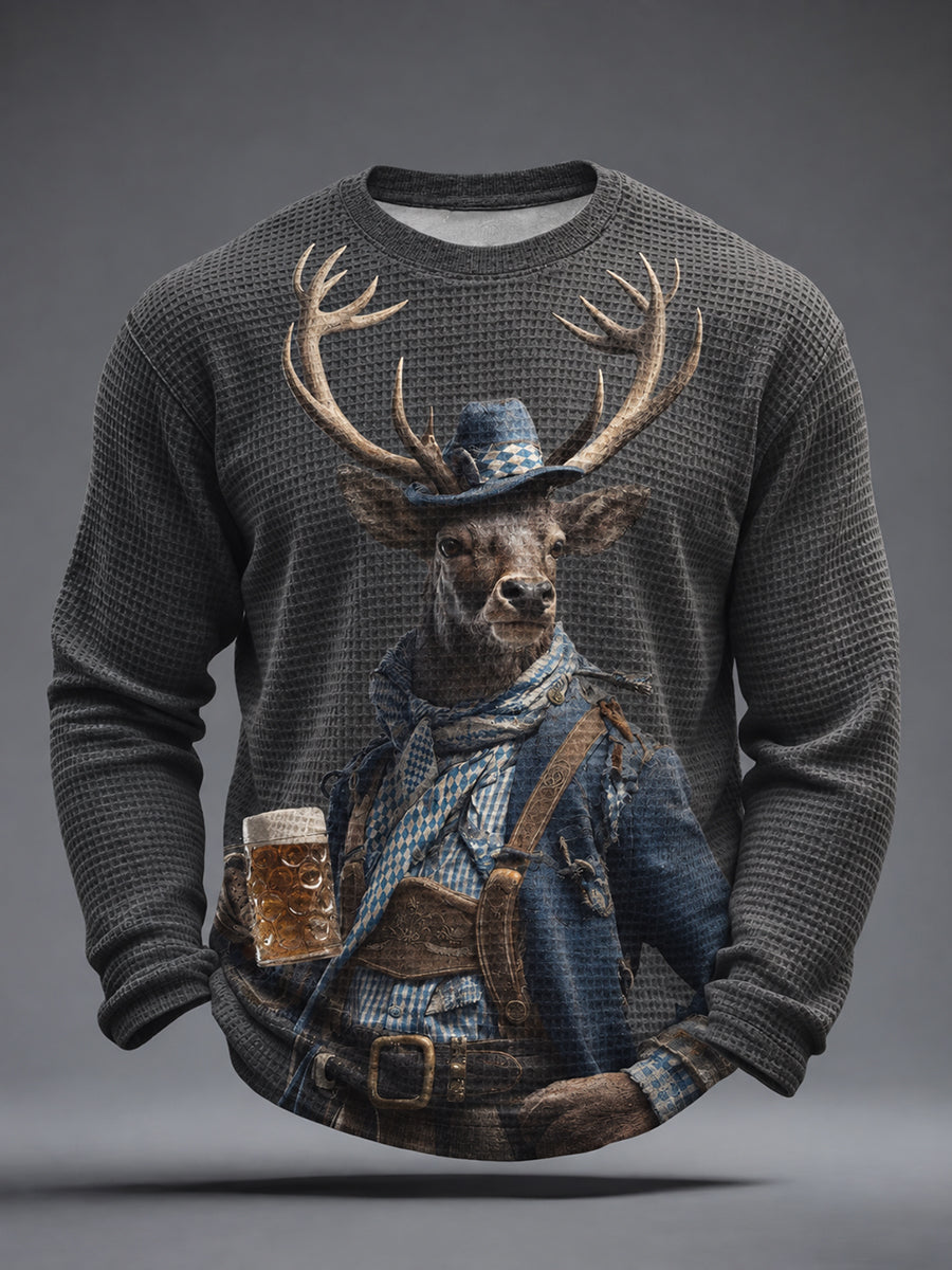 Herren-Bavarian-Deer-Oktoberfest-Kunst-Waffel-Langarm-T-Shirt