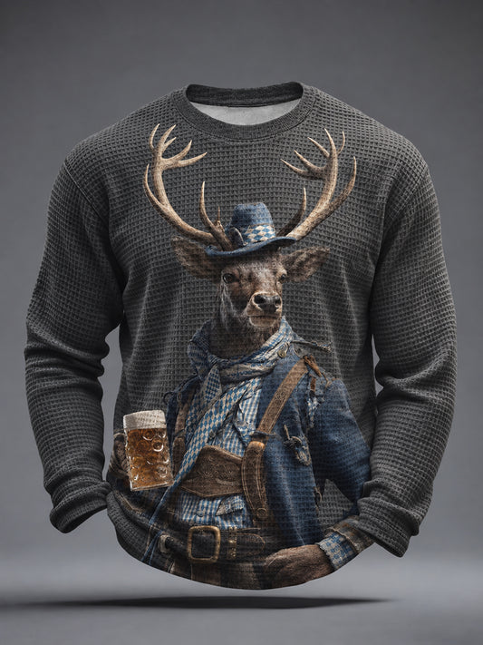 Herren-Bavarian-Deer-Oktoberfest-Kunst-Waffel-Langarm-T-Shirt
