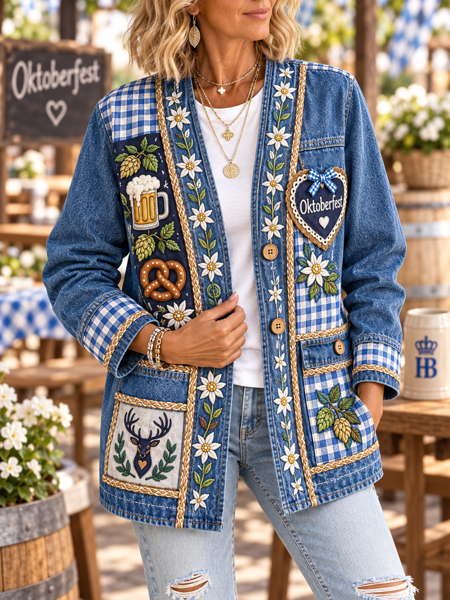 Oktoberfest-Denim-Strickjacke für Damen, lässig