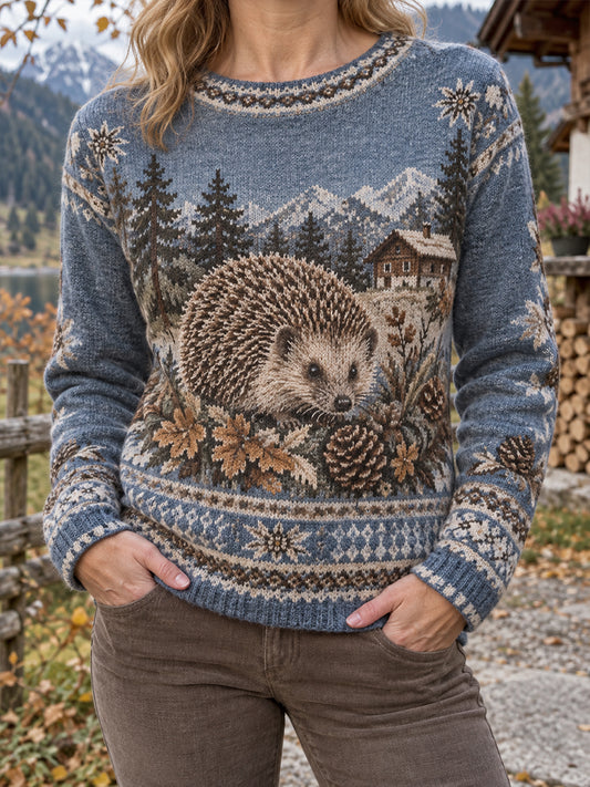 Langärmeliger Damenpullover mit ländlichem Landschaftsmotiv