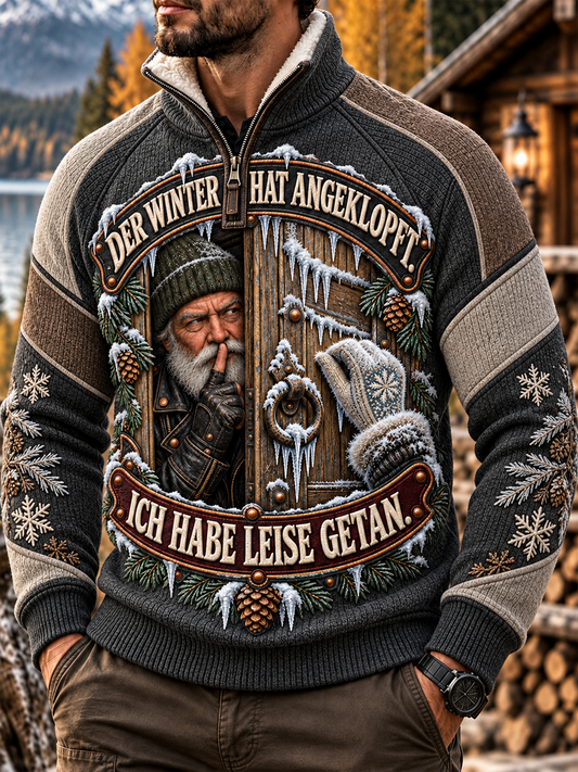 Herrenpullover mit humorvollem Spruch und geknöpften Ärmeln