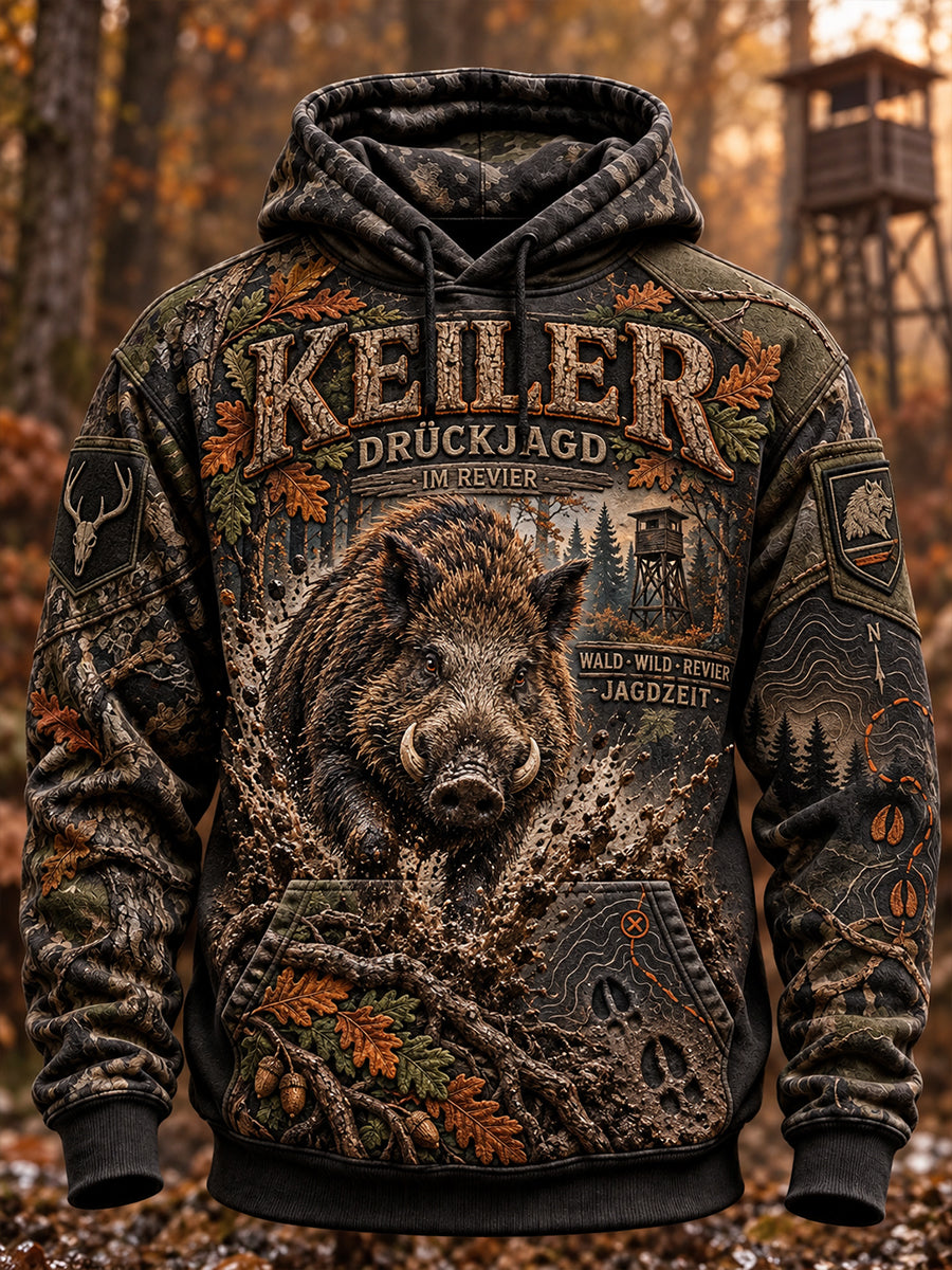 Übergroßes Herren-Kapuzenpullover mit abgesenkten Schultern und Taschen – Deutsche Jagdsaison