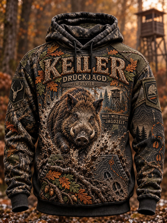 Übergroßes Herren-Kapuzenpullover mit abgesenkten Schultern und Taschen – Deutsche Jagdsaison