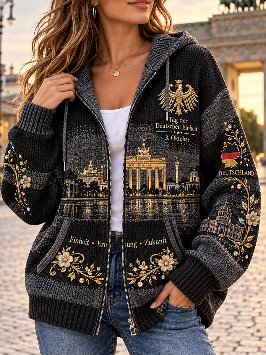 Grafischer Strick-Kapuzenpullover zum Gedenktag der Einheit der Frauen