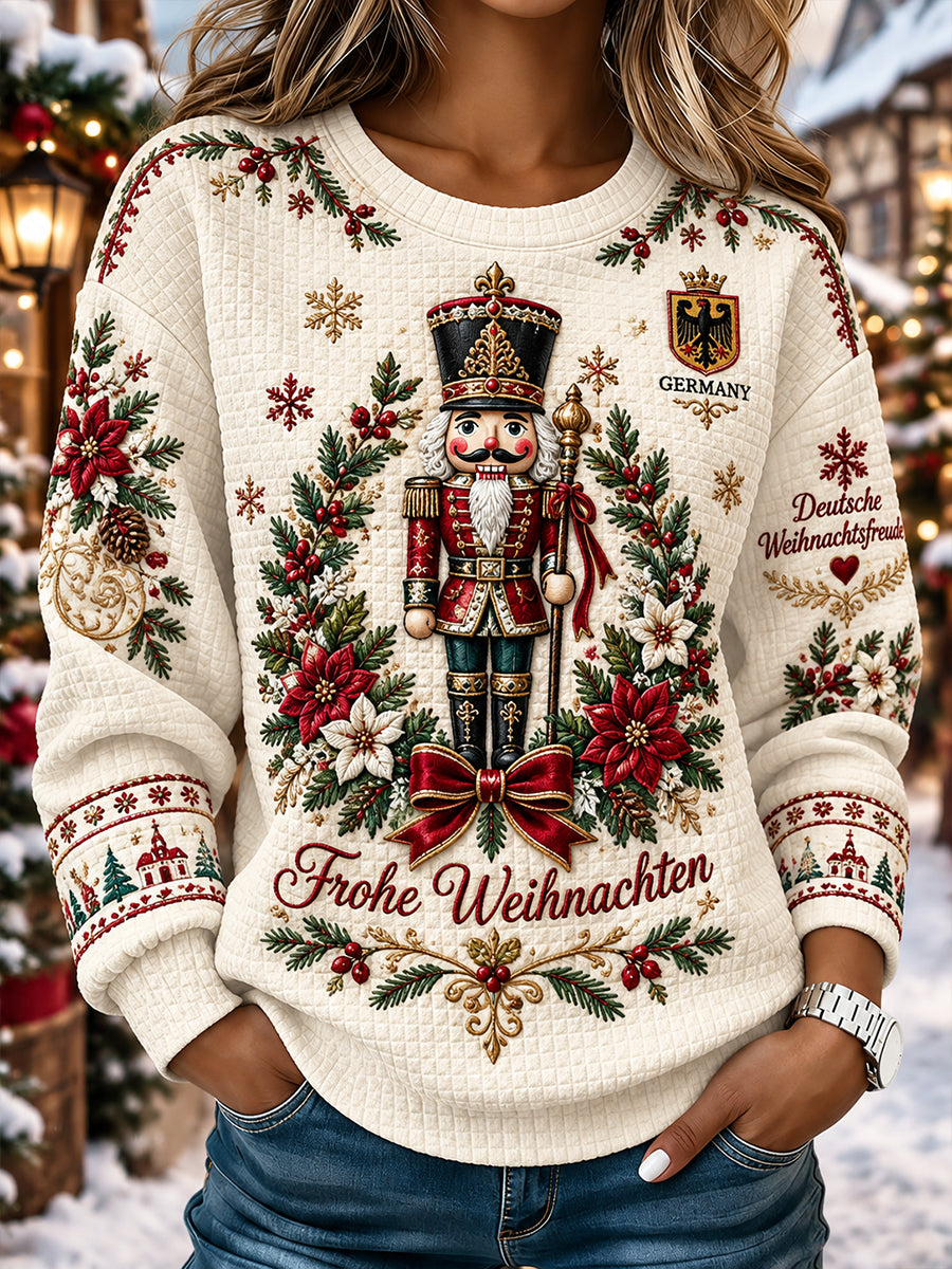 Damen-Weihnachtsprint-Top aus Waffelstrick mit langen Ärmeln