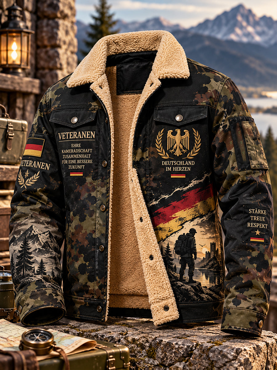 Herrenjacke im Camouflage-Design mit Fleece-Futter, thematisch auf Veteranen ausgerichtet