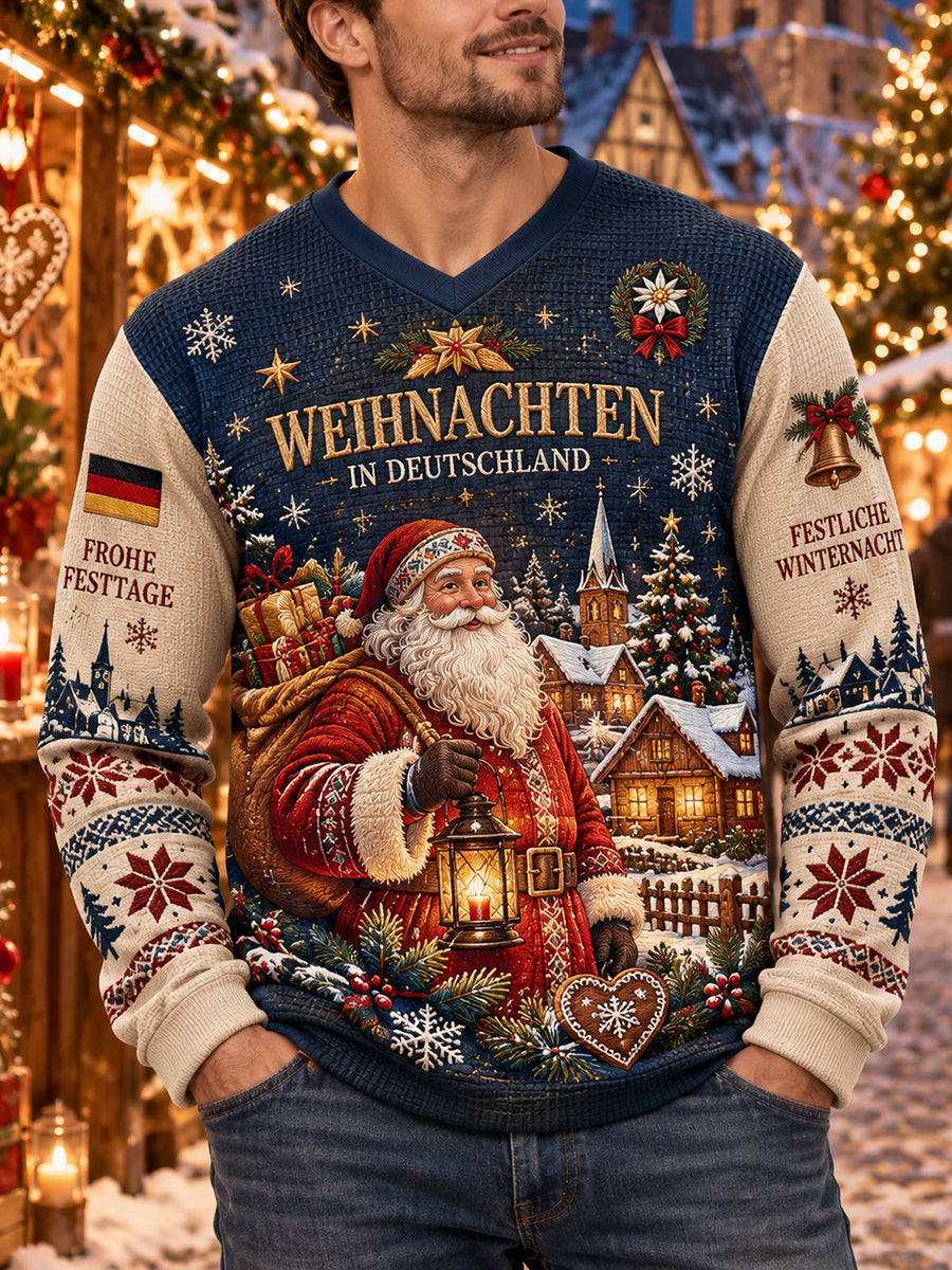 Herren-Top mit Weihnachtsmotiv, Waffelstruktur und V-Ausschnitt