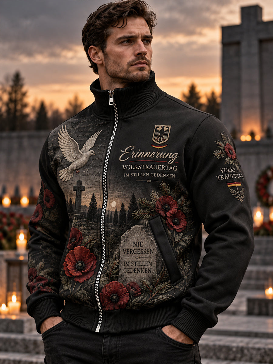 Herrenjacke mit hohem Kragen und Gedenkdruck zum Nationalen Tag der Trauer