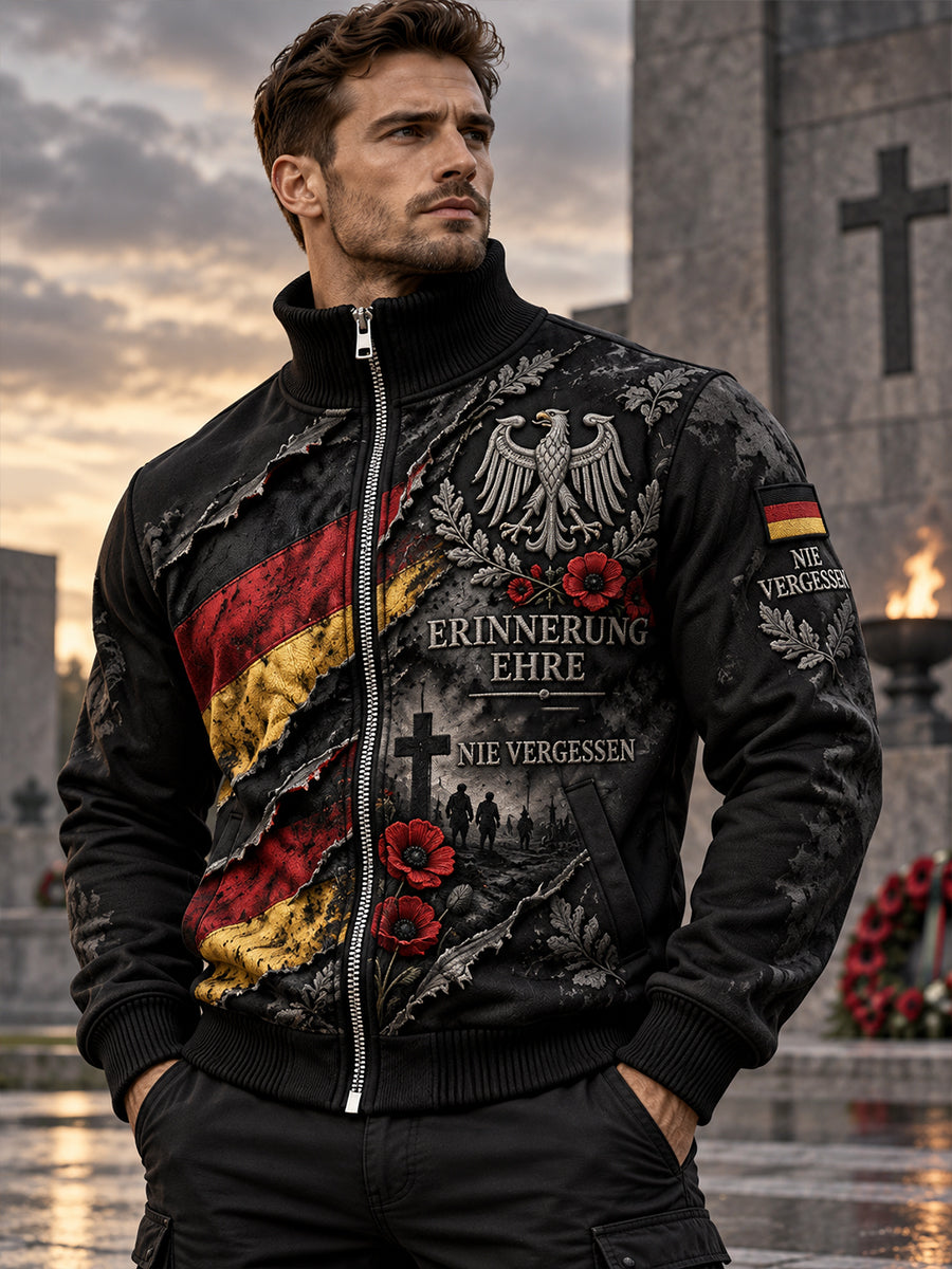 Herren-Jacke mit Grafikdruck und hoher Kragenpartie zum Gedenken an Veteranen