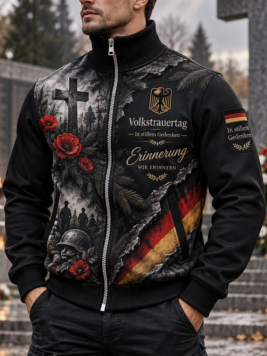 Herrenjacke mit hohem Kragen und Gedenkdruck zum Nationalen Tag der Trauer