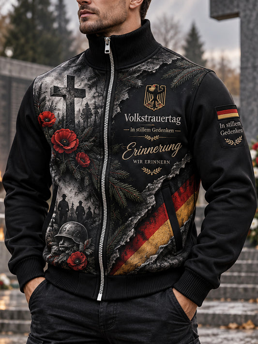 Herrenjacke mit hohem Kragen und Gedenkdruck zum Nationalen Tag der Trauer