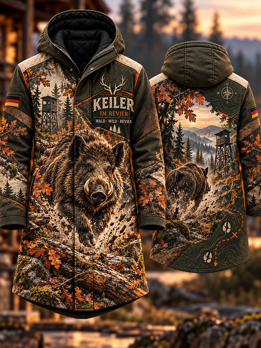Herren-Langmantel mit Kapuze und Jagdmotiv-Print