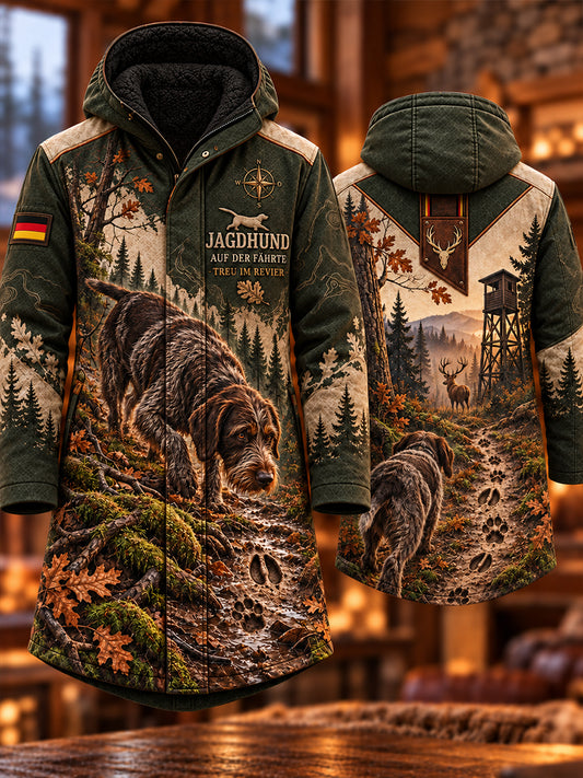 Herren-Langmantel mit Kapuze und Jagdmotiv-Print