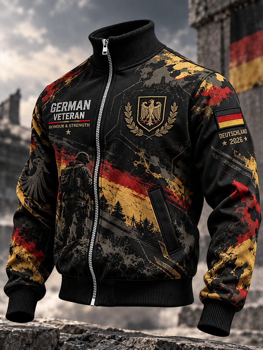 Herren-Jacke mit Grafikdruck und hoher Kragenpartie zum Gedenken an Veteranen