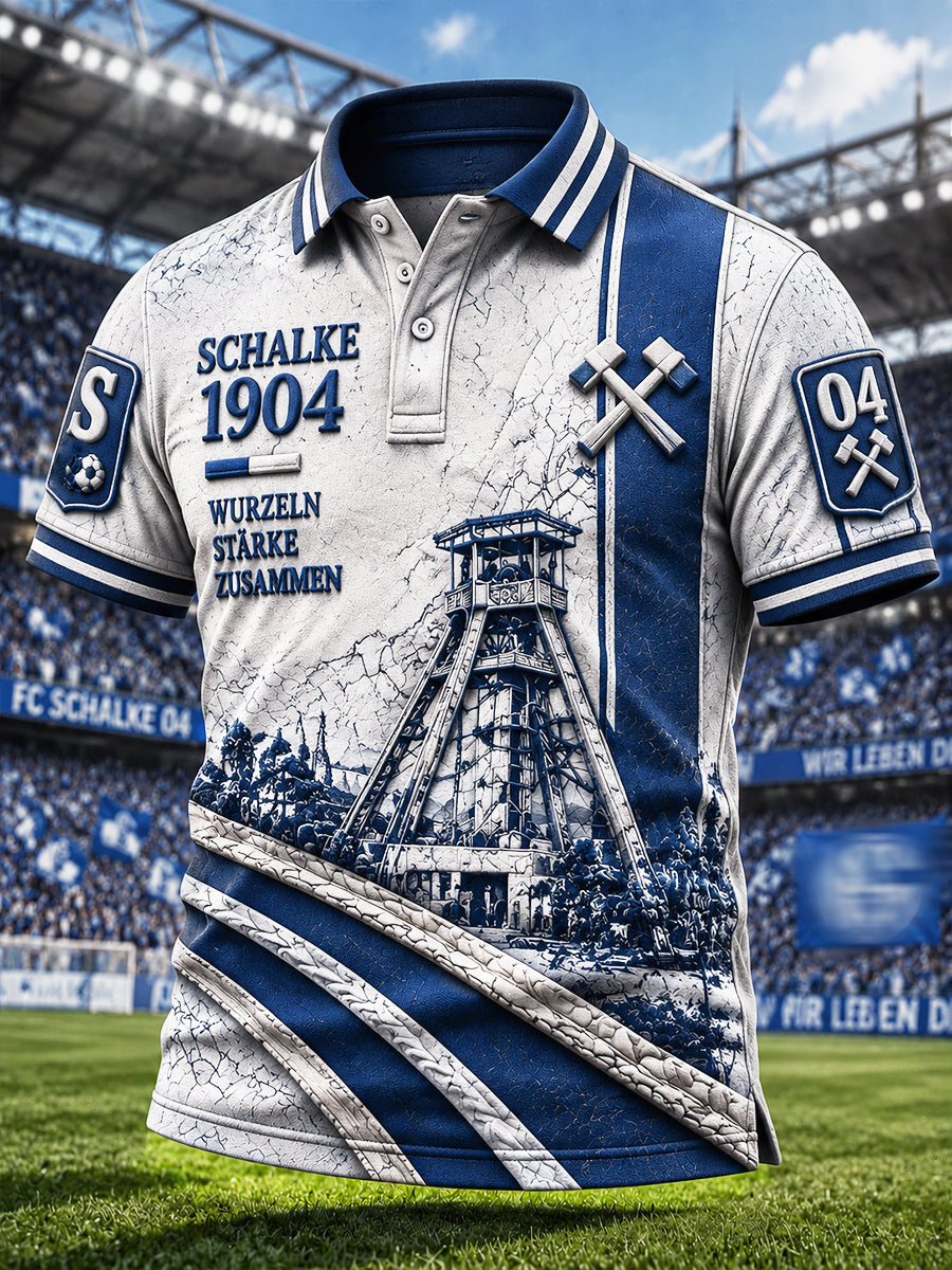Herren Deutsch Schalke Fußball Patchwork-Print Casual Polo Shirt