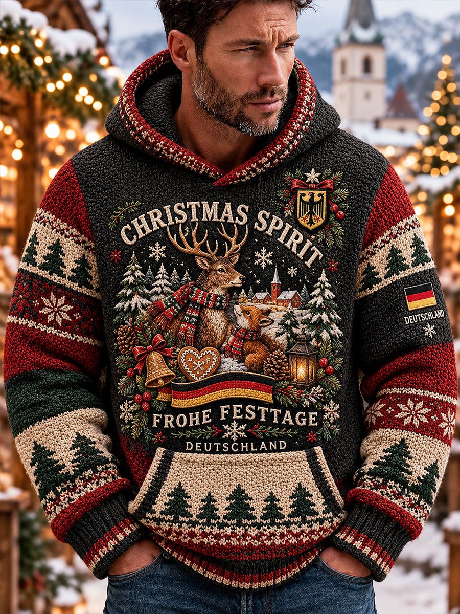 Grafischer Strickkapuzenpullover für Herren mit Weihnachtsmotiv