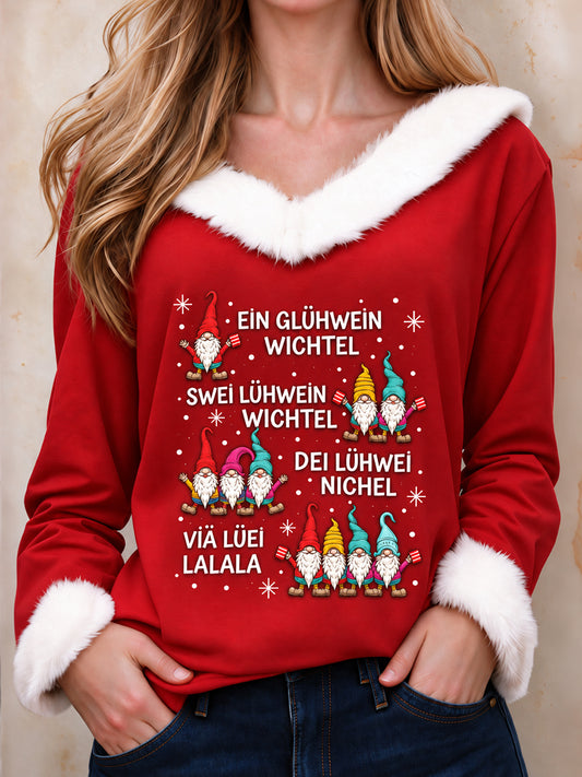 Weihnachts-Top für Damen aus Kunstfell mit V-Ausschnitt und langen Ärmeln