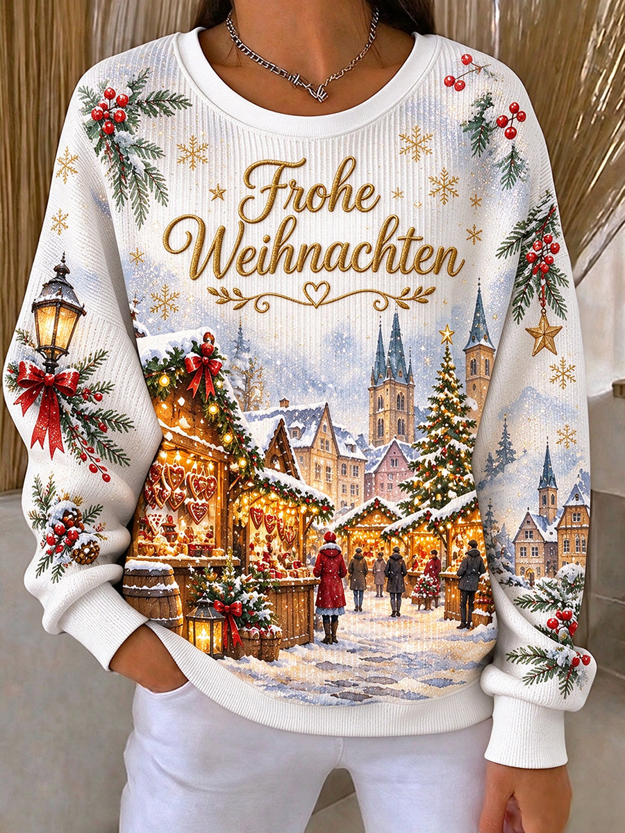 Weihnachtsmarkt-Print geripptes Rundhals-Sweatshirt für Damen