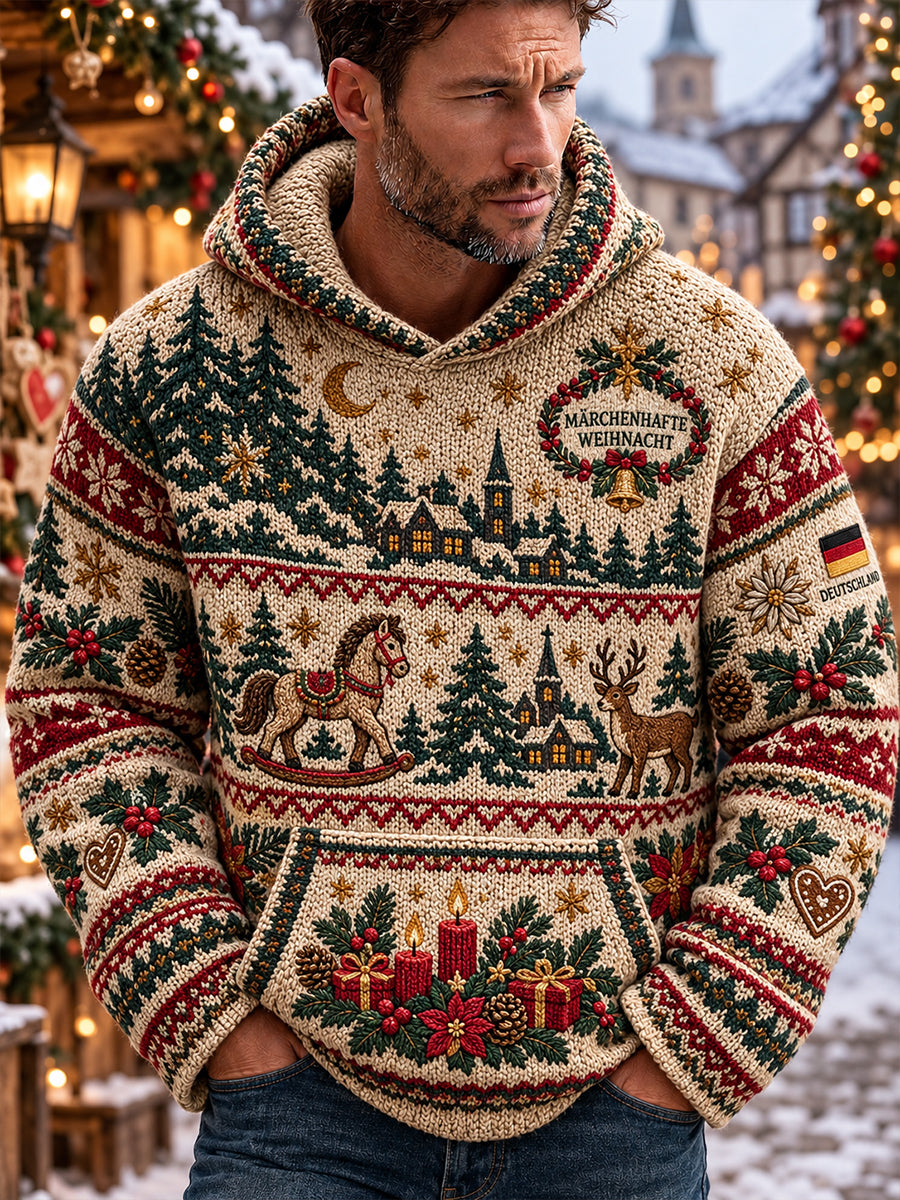 Grafischer Strickkapuzenpullover für Herren mit Weihnachtsmotiv