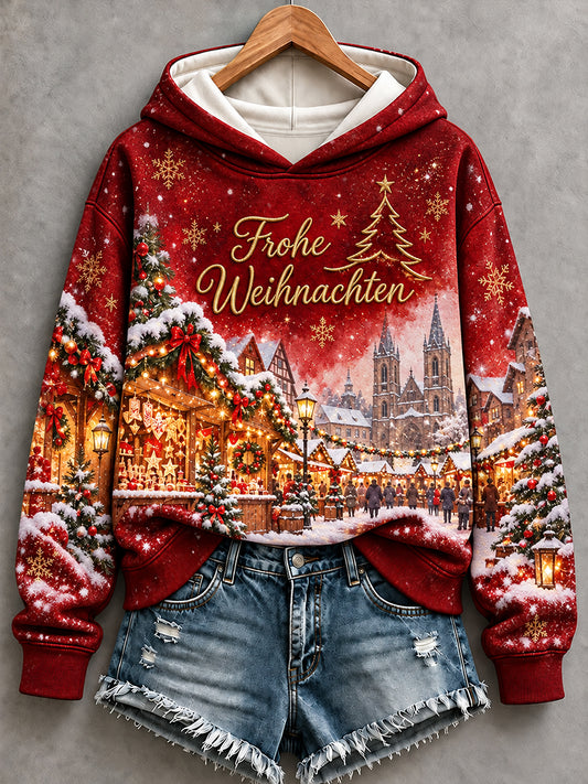 Weihnachtsmarkt-Print-Kapuzenpullover für Damen