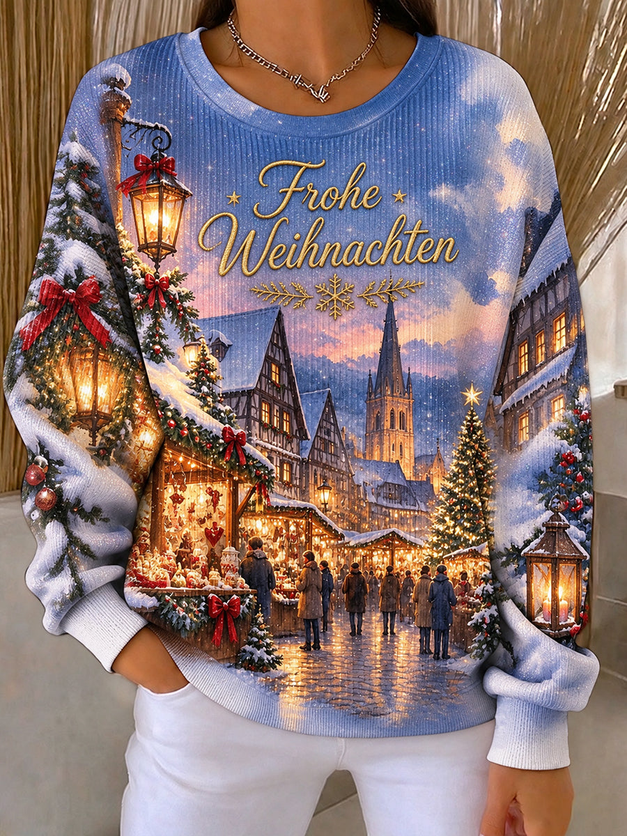Weihnachtsmarkt-Print geripptes Rundhals-Sweatshirt für Damen