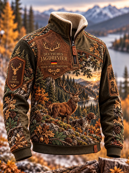 Herren-Fleecegefüttertes Stehkragen-Halbzip-Sweatshirt für die deutsche Jagdsaison