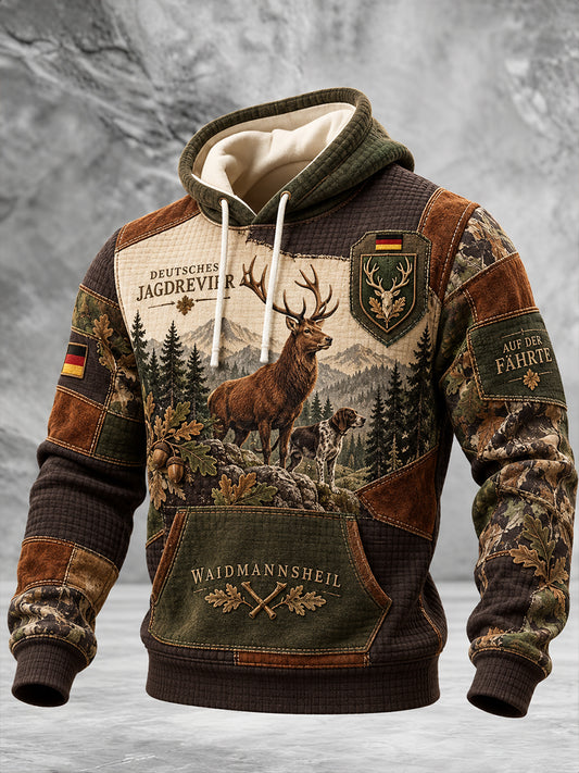 Herren-Kapuzenpullover mit Reißverschluss, lässigem Pelzkragen und Jagdmotiv im deutschen Stil